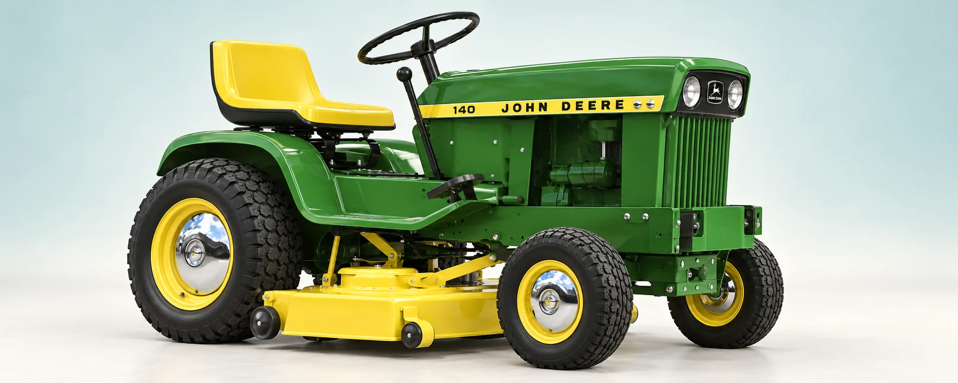 John Deere 140 — Early John Deere 140 lawn and garden tractor, four unequal turf wheels with yellow rims and polished covers, open yellow seat, period yellow belly mower, no ROPS or cab