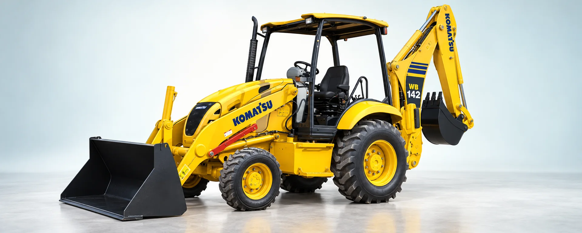Komatsu WB142-5 — Komatsu WB142-5 Dash 5, open ROPS/FOPS canopy, front loader and center-mount backhoe, travel-position stabilizers
