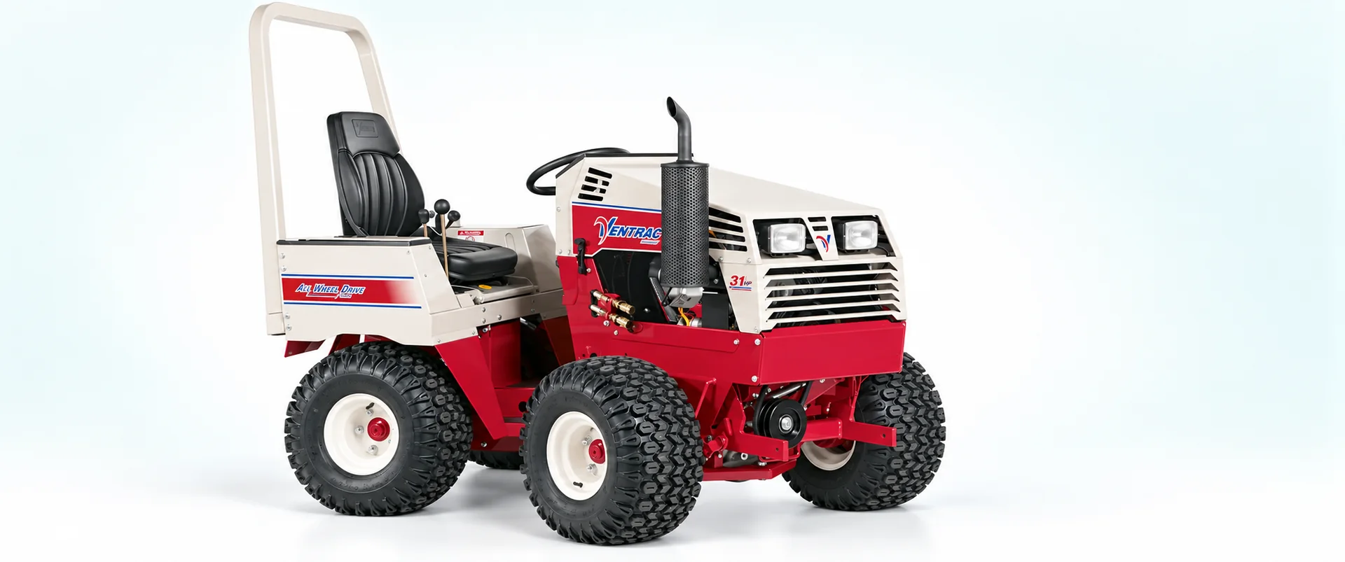 Ventrac 4131 — Open-station version with single turf wheels, cream rims and a tall roll bar.